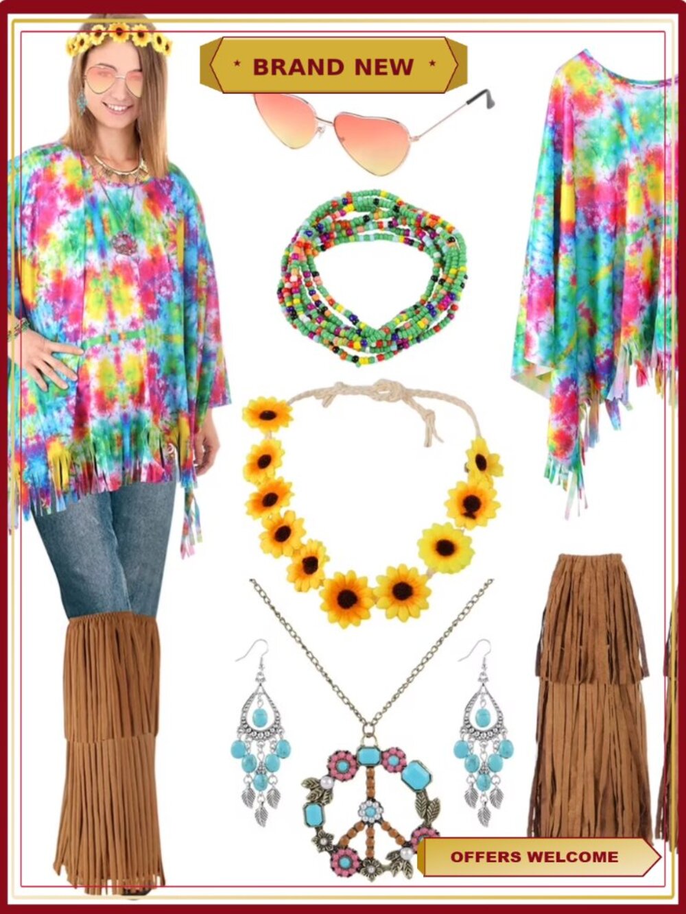 7PCS Women Hippie Costume Accessories 60s 70s Outfit Kit Poncho Boot Covers